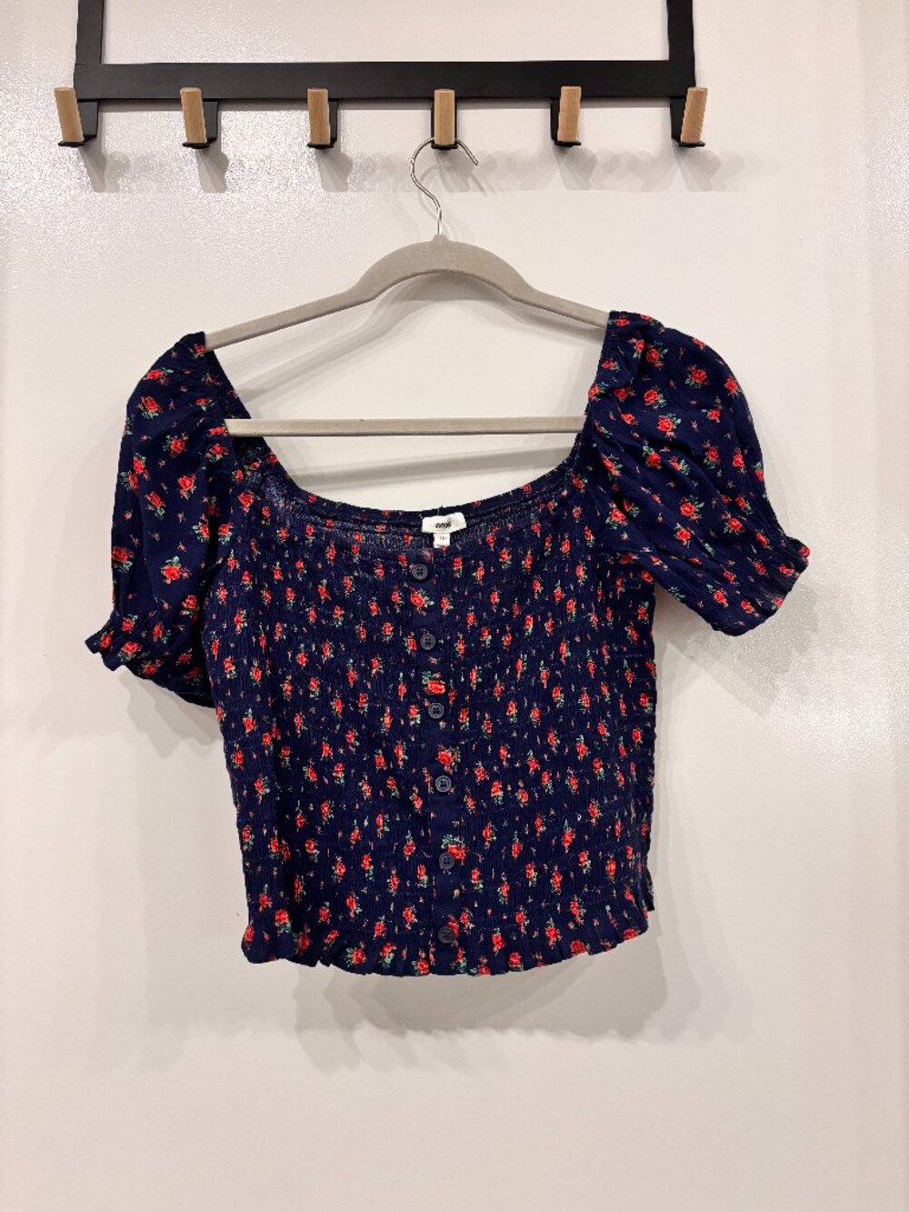 Navy Floral Print Puff Sleeve Button Front Crop Top Sz S